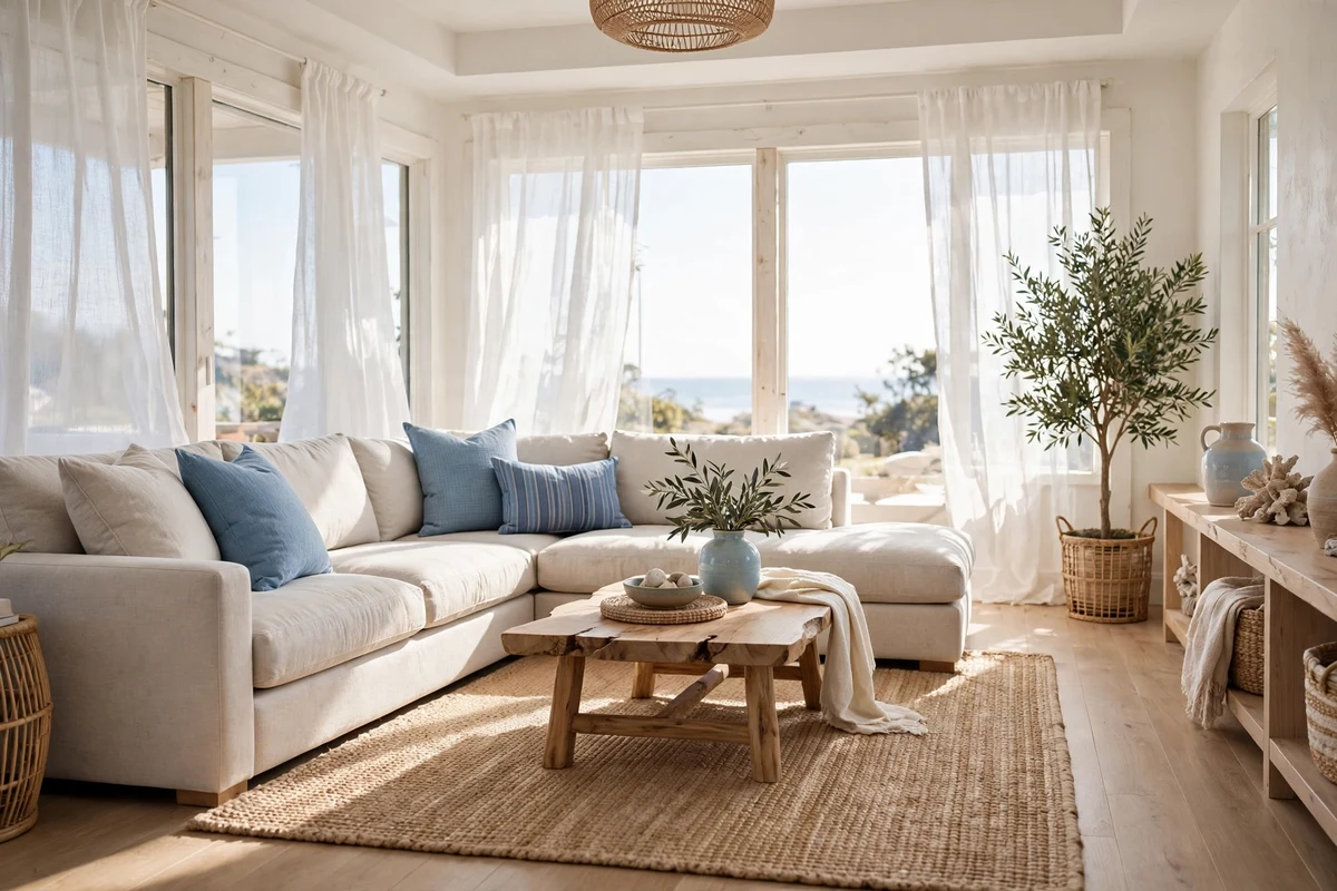 Light colored sectional sofa in a coastal living room