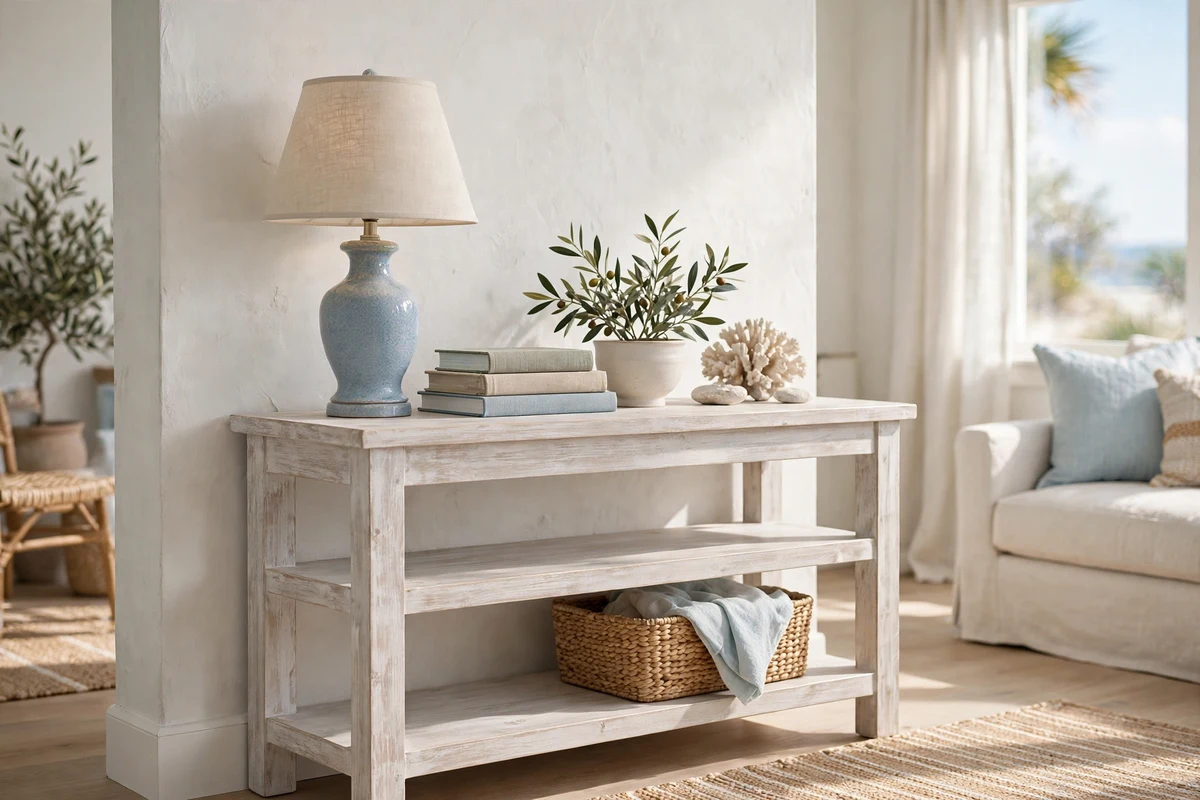 Whitewashed console table styled in a coastal living room