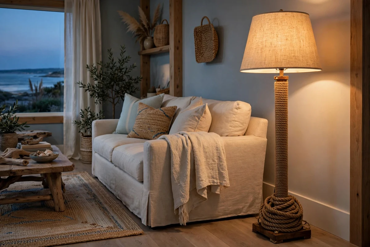 Rope wrapped floor lamp in a coastal living room corner