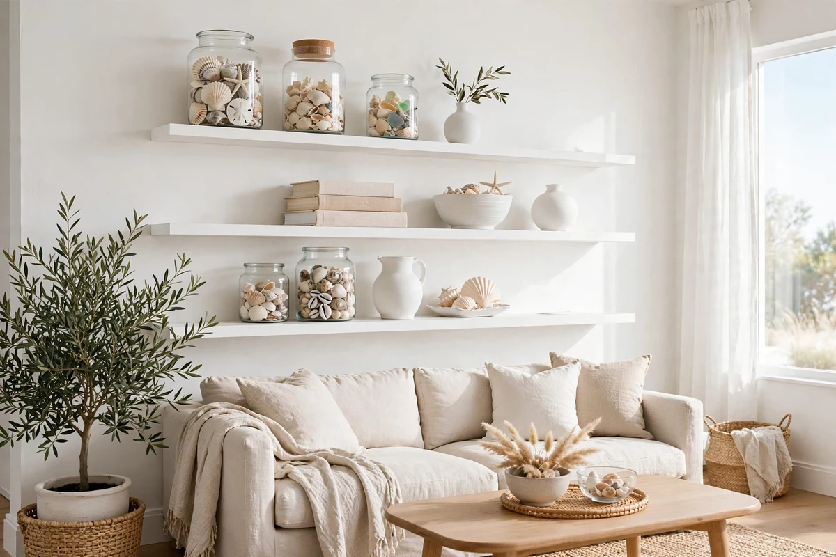Open shelves styled with shells and coastal decor in a living room