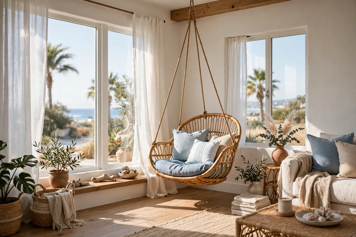 Hanging rattan hammock chair in a coastal living room corner