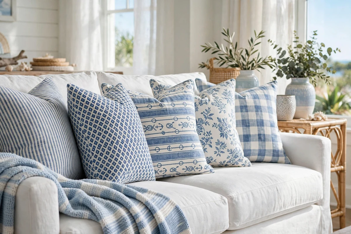 Blue and white throw pillows on a sofa in a coastal living room