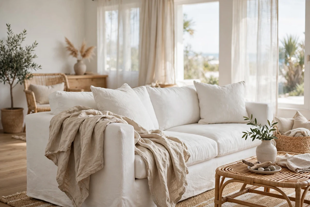 Linen throw blanket draped over a sofa in a coastal living room