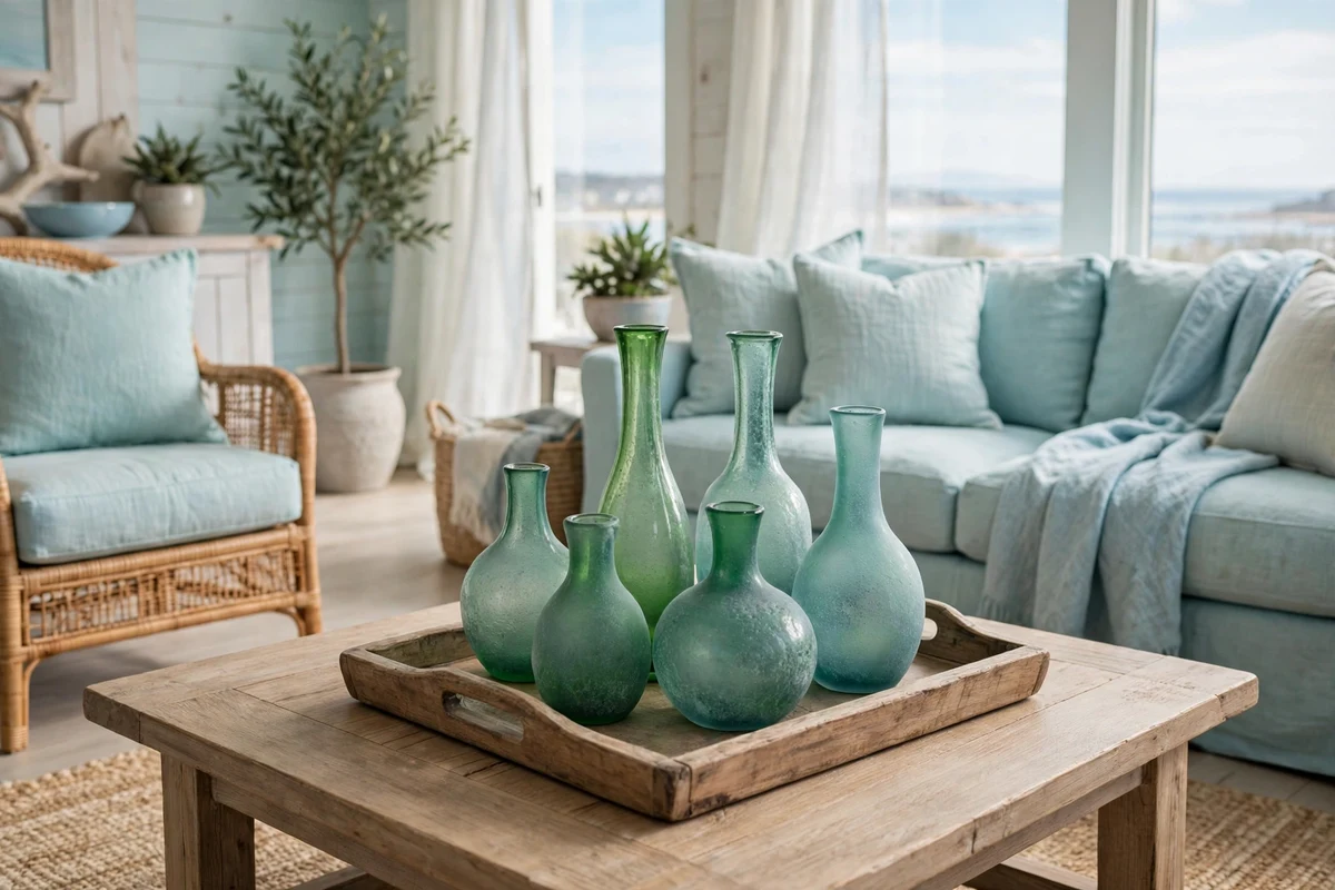 Sea glass colored vases as accents in a coastal living room