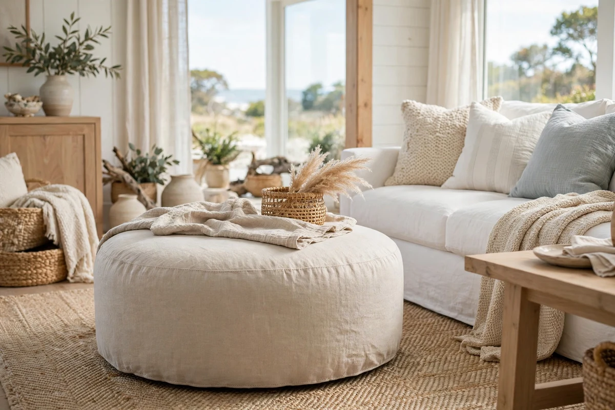 Natural linen upholstered ottoman in a coastal living room