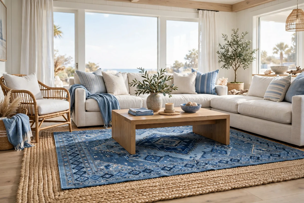 Blue patterned rug layered over jute in a coastal living room