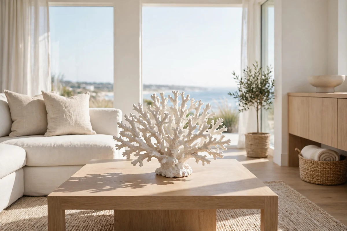Coral decor piece styled on a coffee table in a coastal living room