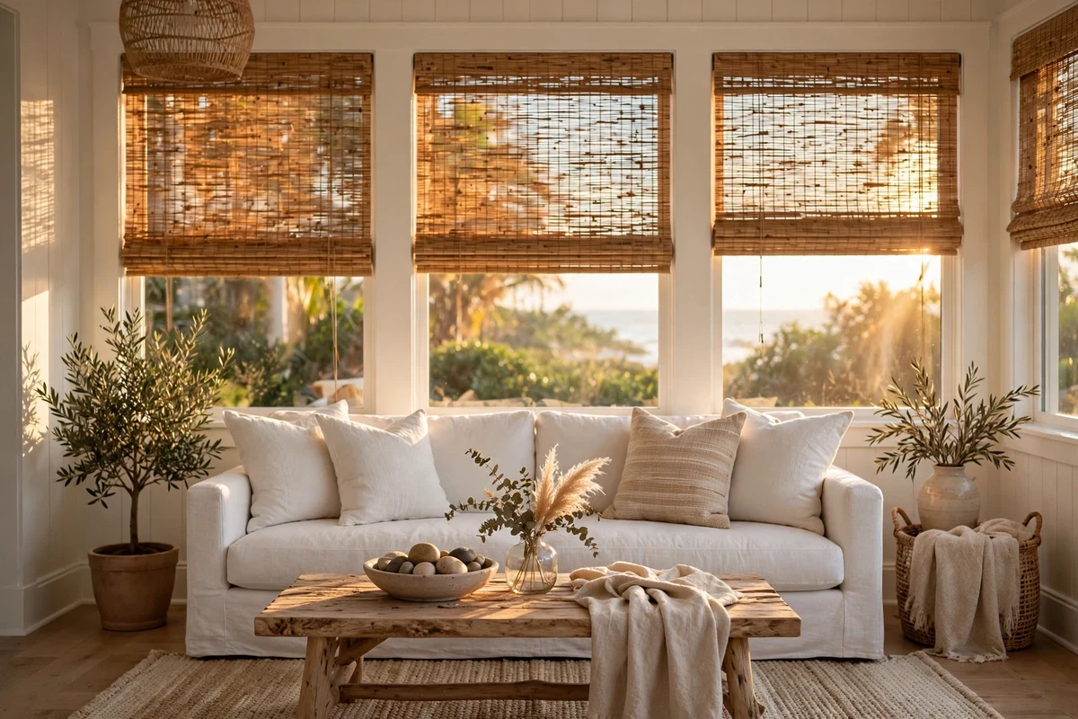 Woven bamboo window shades in a coastal living room