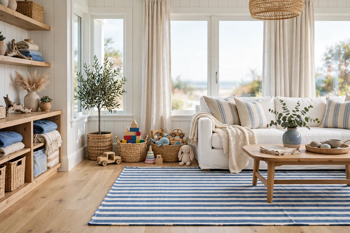 Striped indoor outdoor rug in a coastal living room