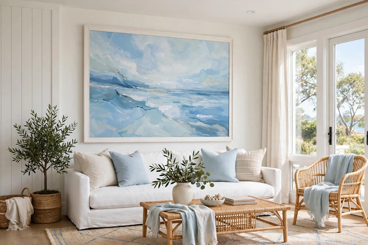 Large coastal seascape artwork above a sofa in a living room