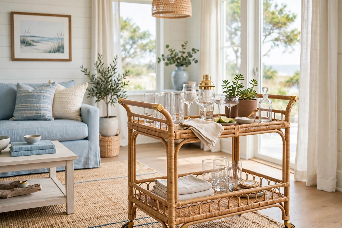 Rattan bar cart styled with glassware in a coastal living room
