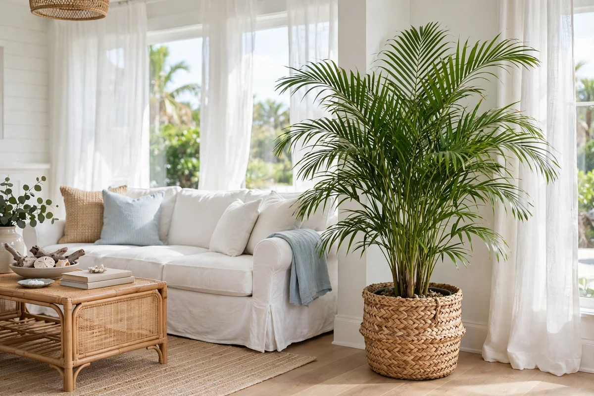 Potted palm plant in a woven basket in a coastal living room