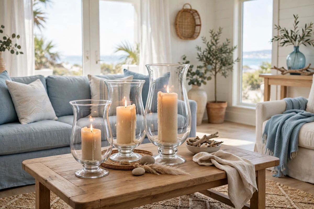 Glass hurricane candle holders grouped on a table in a coastal living room