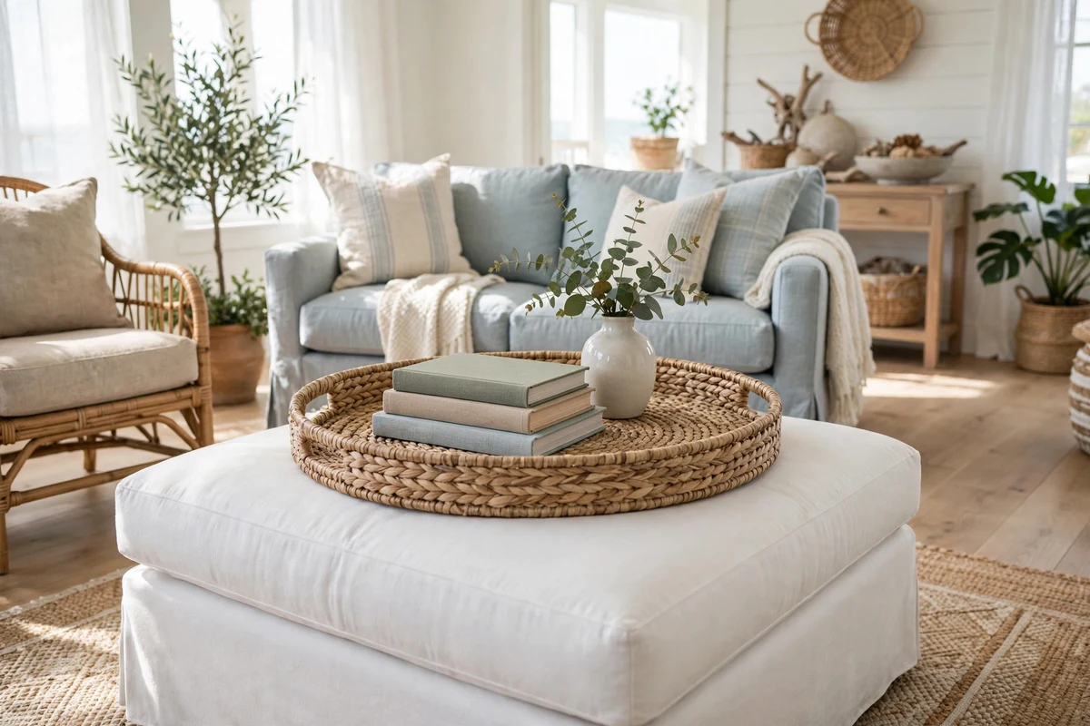 Woven tray on an ottoman in a coastal living room