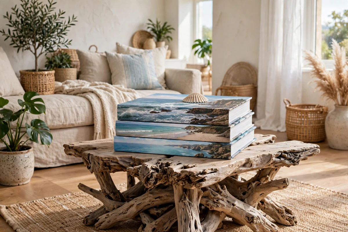 Coastal coffee table books stacked in a living room