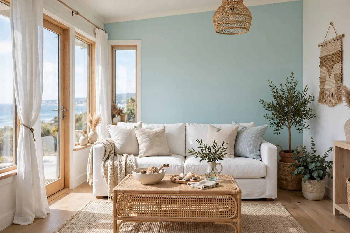 Light blue accent wall in a coastal living room