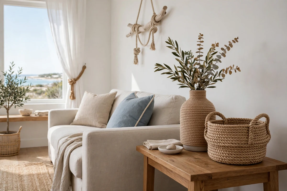 Nautical rope decor details in a coastal living room