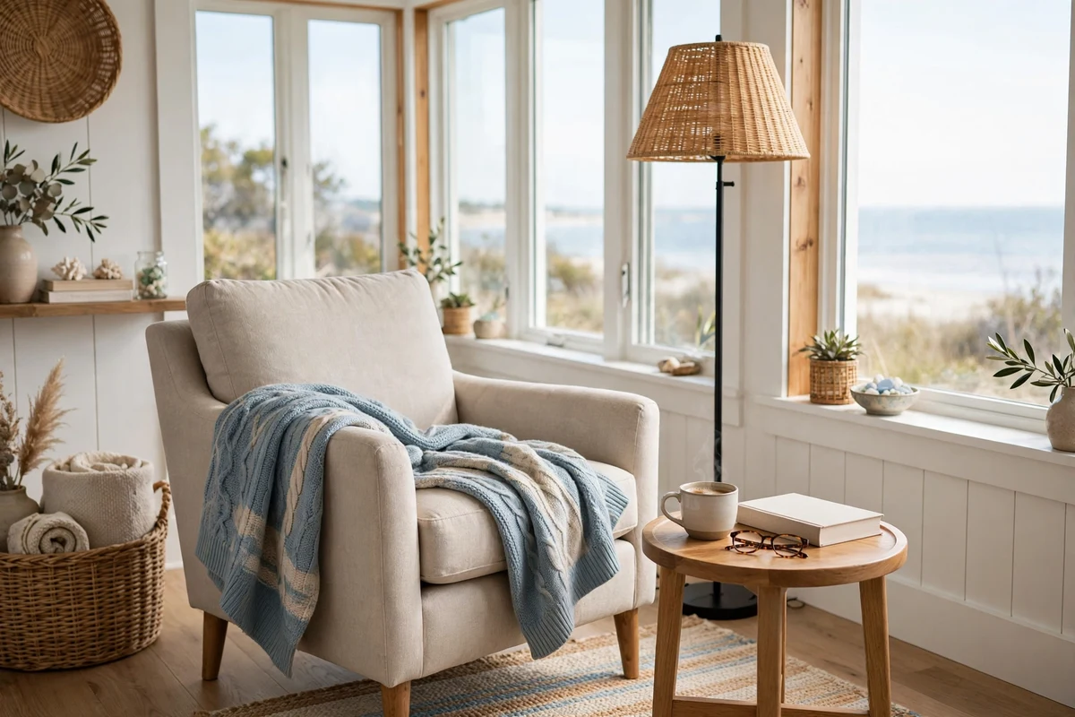 Cozy reading nook with chair by a window in a coastal living room