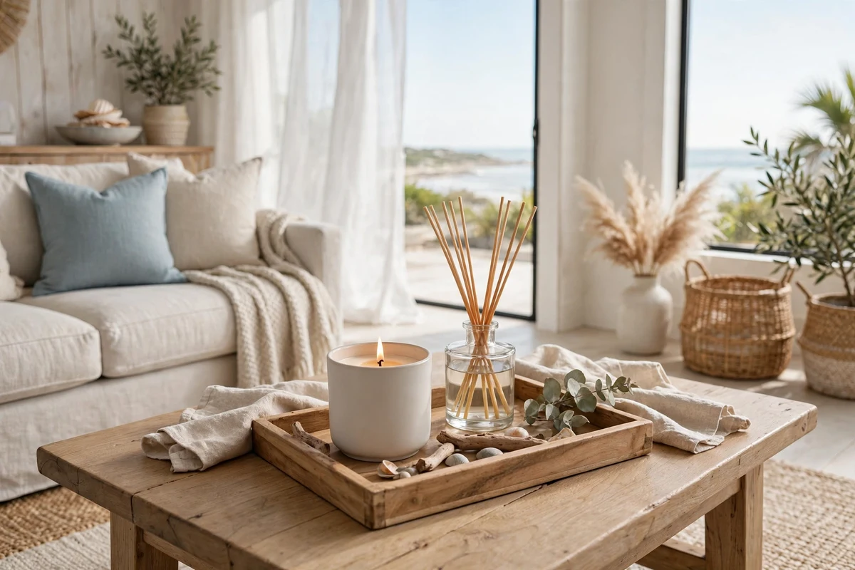 Scented candle and diffuser styled in a coastal living room
