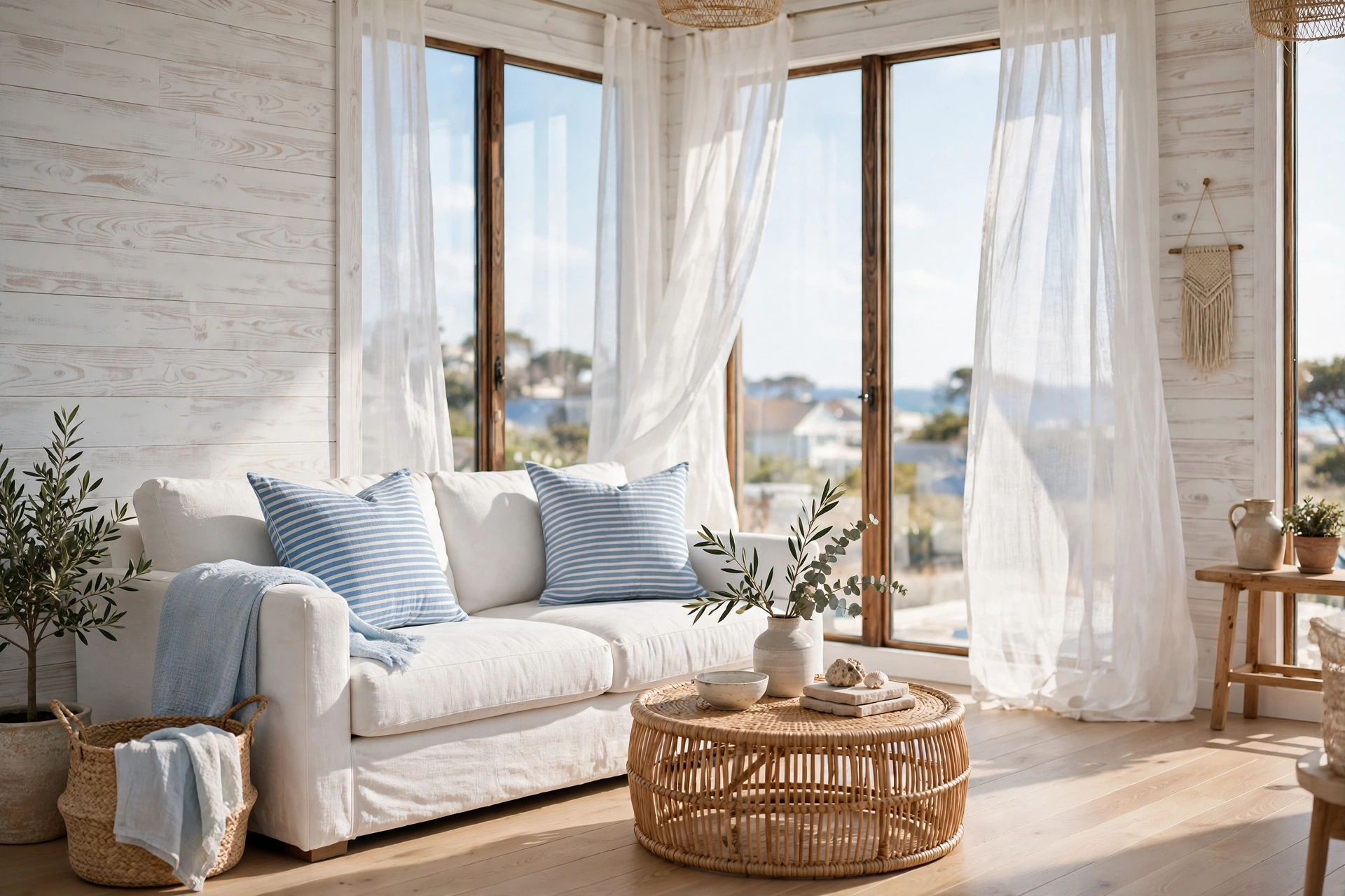 Bright studio apartment living area with whitewashed walls, white linen sofa and blue striped pillows