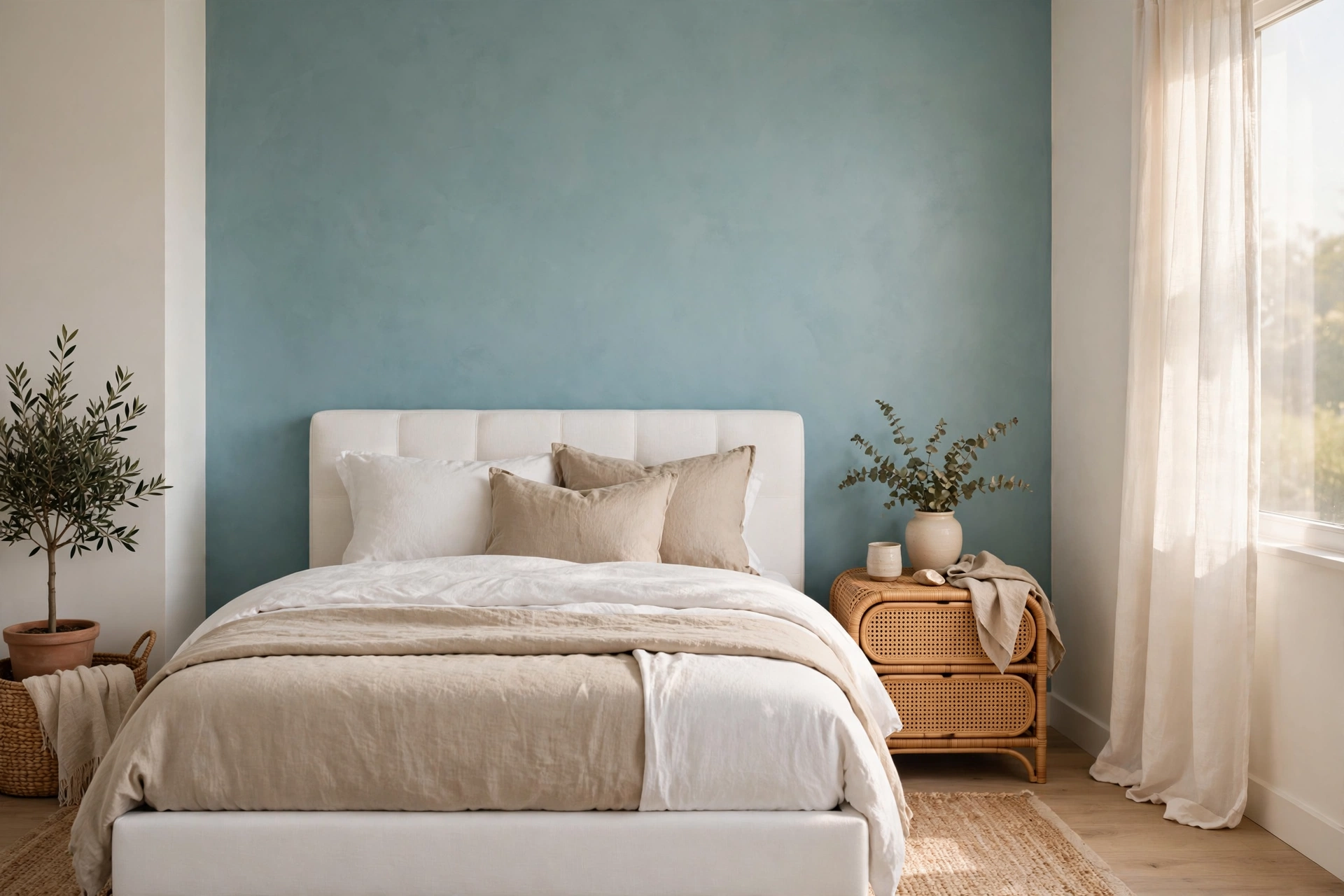 Studio apartment bedroom corner with sea-glass blue accent wall behind a white upholstered bed
