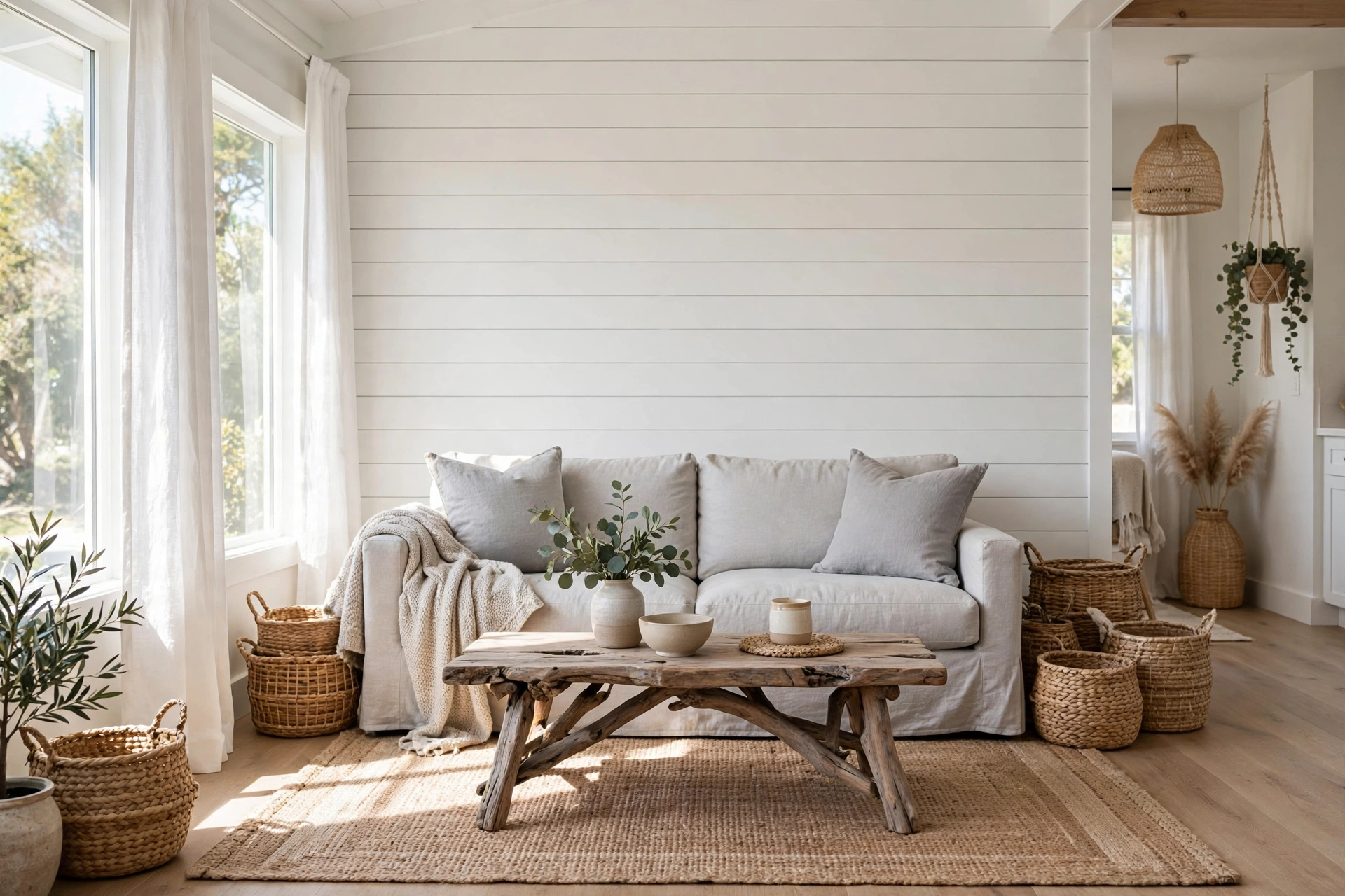 Cozy studio living room with white horizontal shiplap accent wall behind a light gray sofa