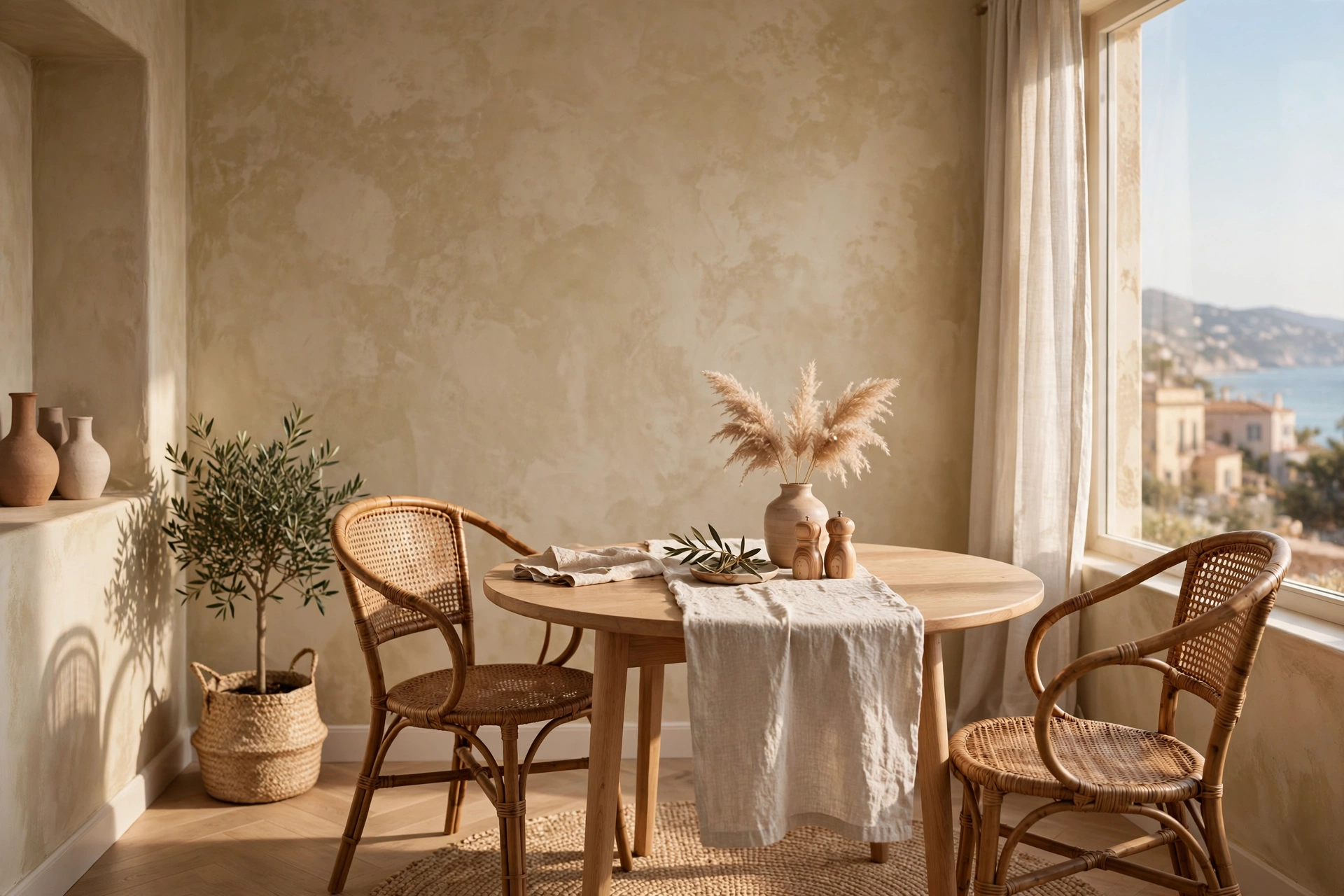 Serene studio dining nook with sandy beige limewash textured walls and rattan chairs