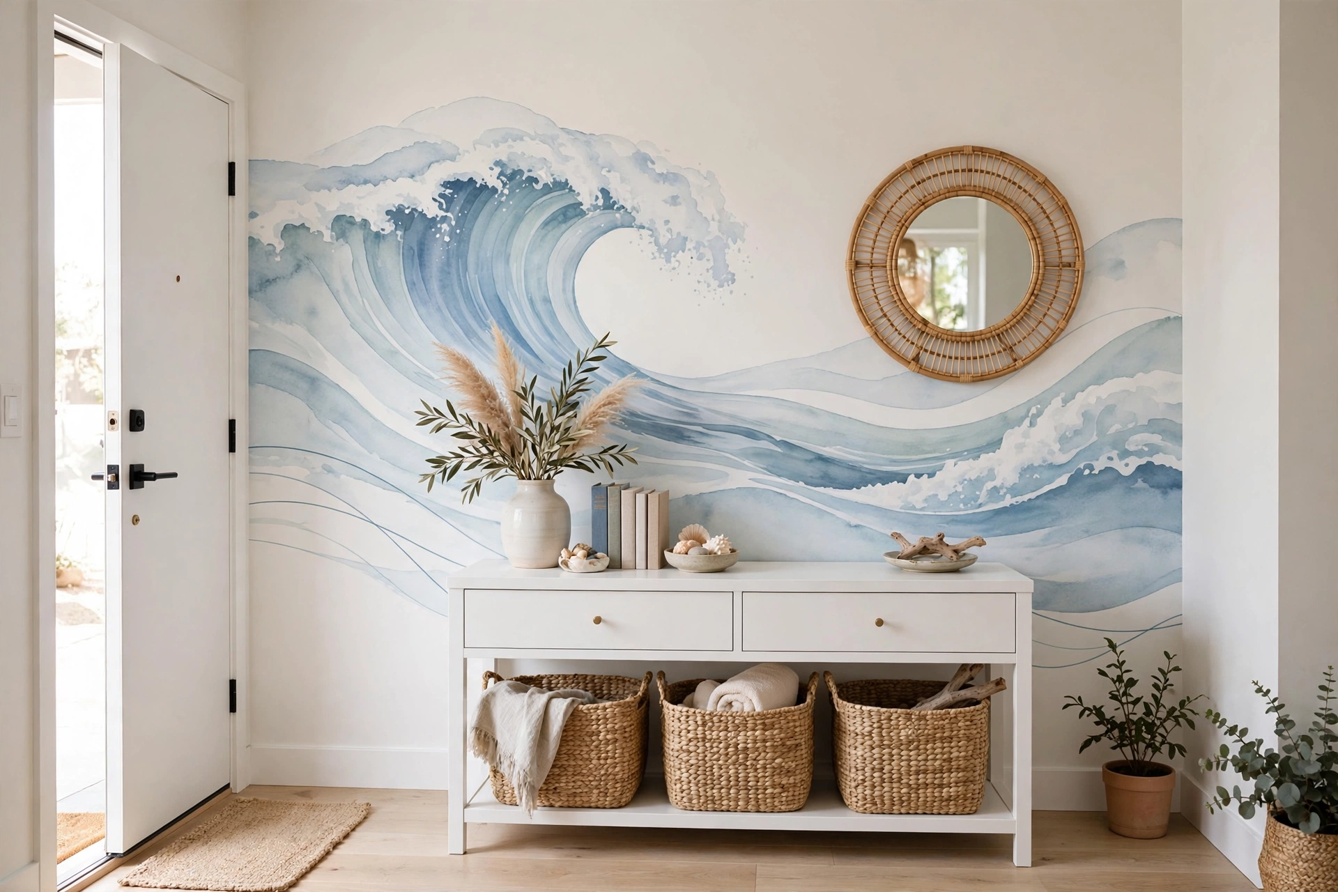 Small studio entryway with large ocean wave mural wall decal behind a white console table