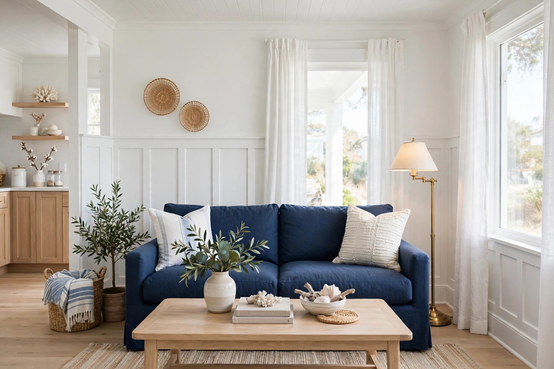 Studio living room with white board-and-batten wainscoting, navy sofa and brass floor lamp