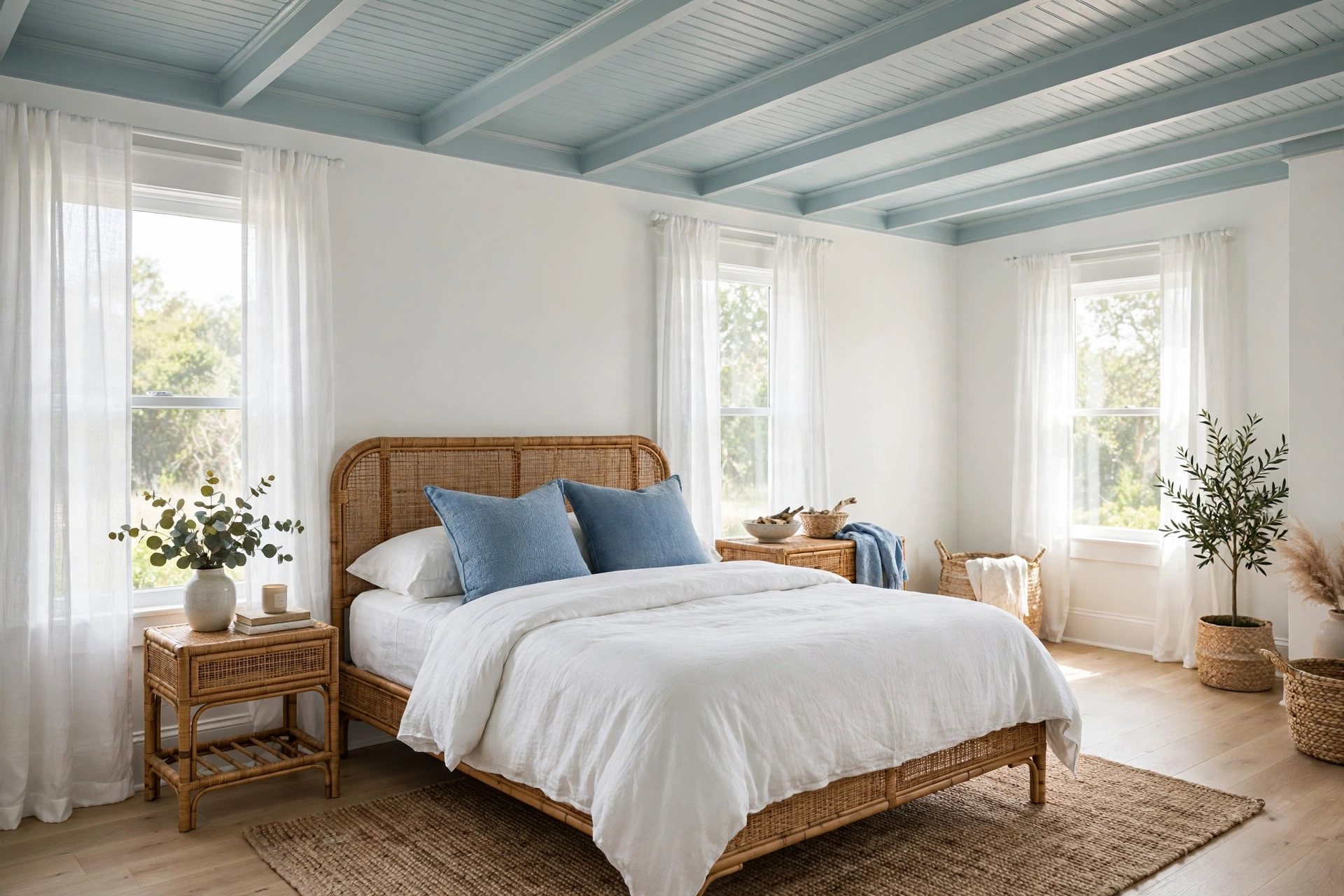 Bright studio bedroom with pale haint blue ceiling, rattan bed frame and white linen bedding