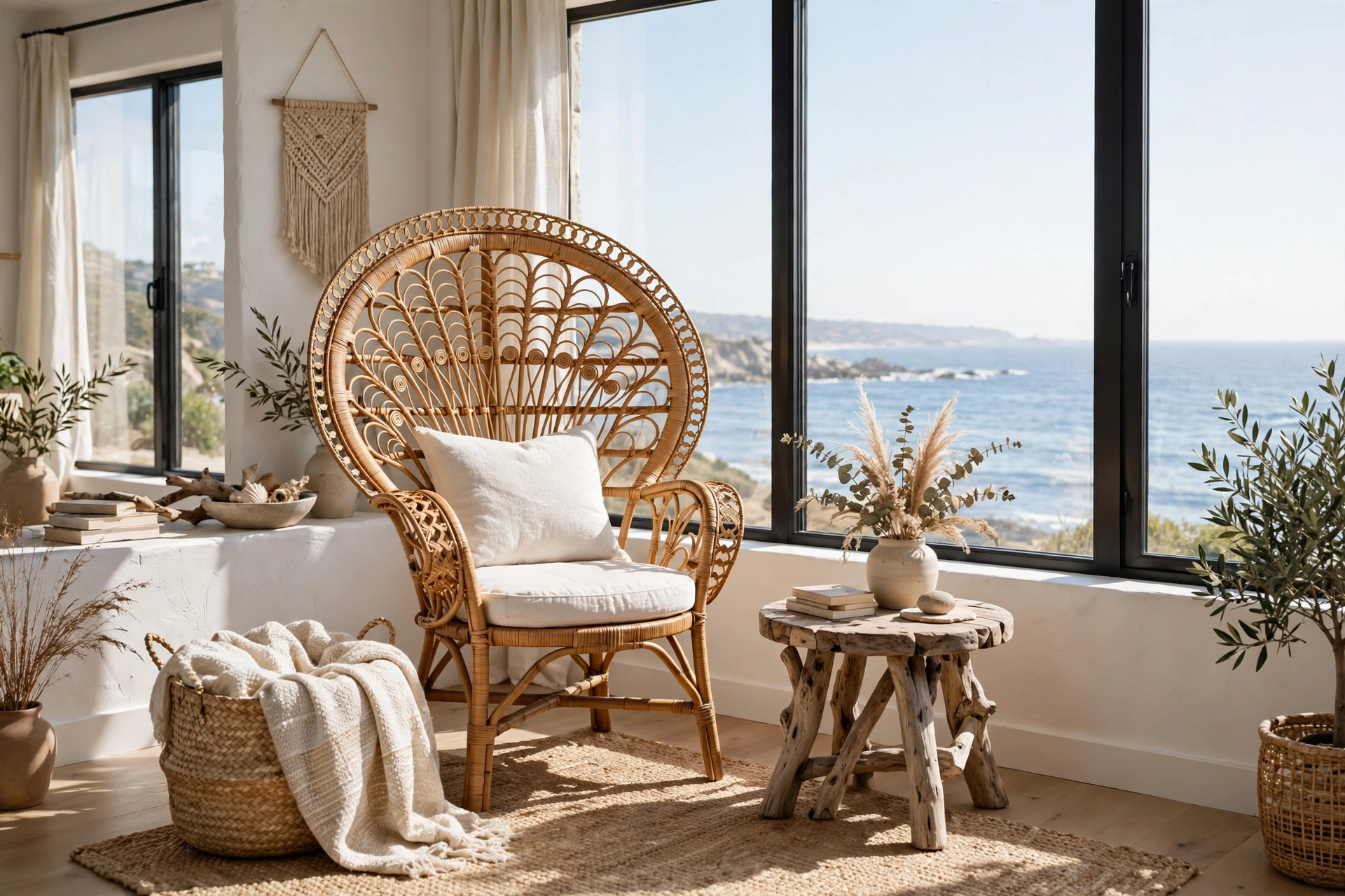 Sunlit studio reading corner with natural rattan accent chair, white cushion and driftwood side table
