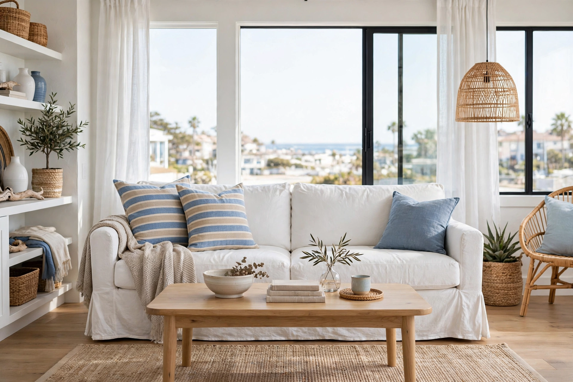 Bright studio living room with white slipcovered linen sofa, blue striped pillows and sisal rug