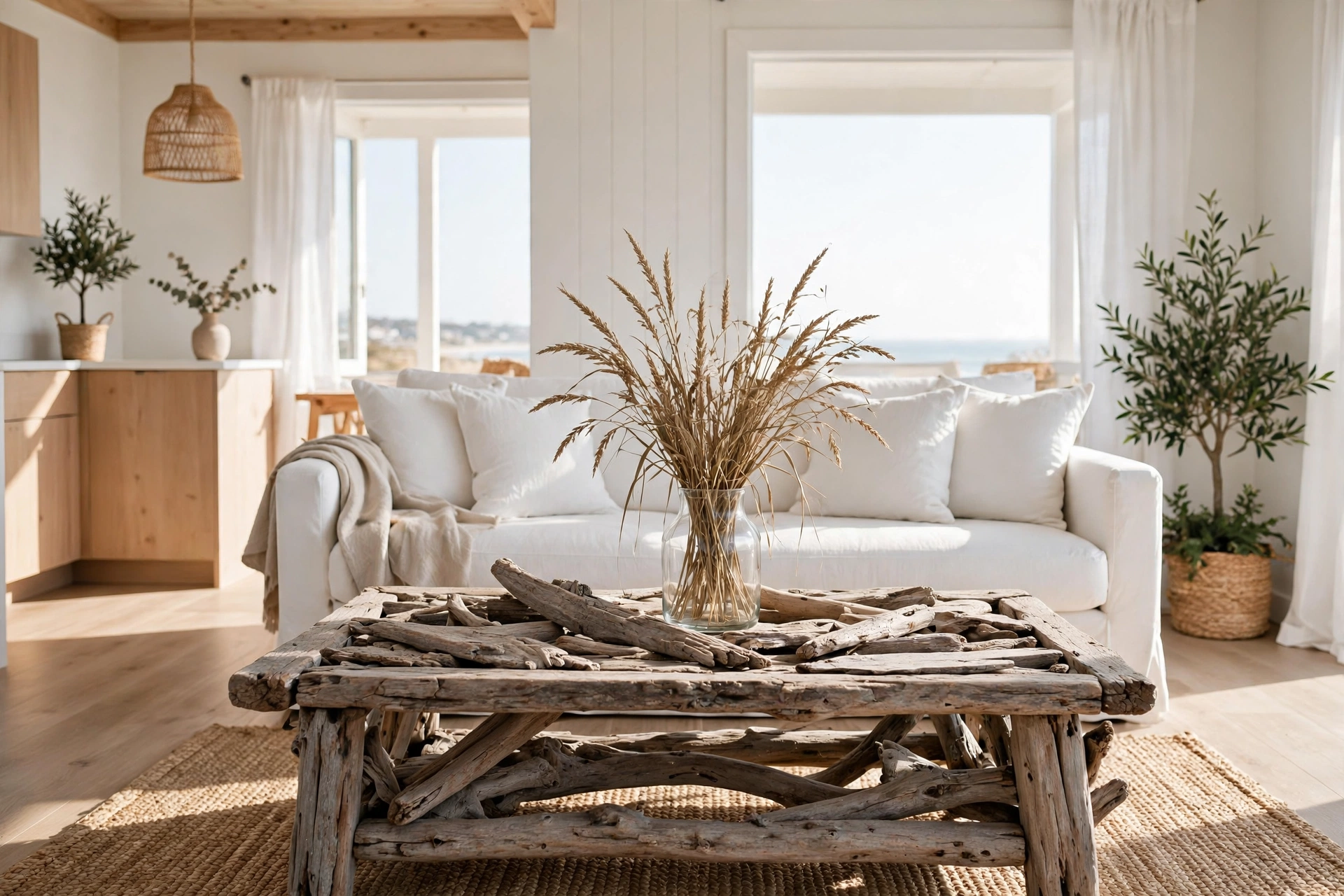 Coastal studio living area with rustic driftwood coffee table, white sofa and seagrass rug
