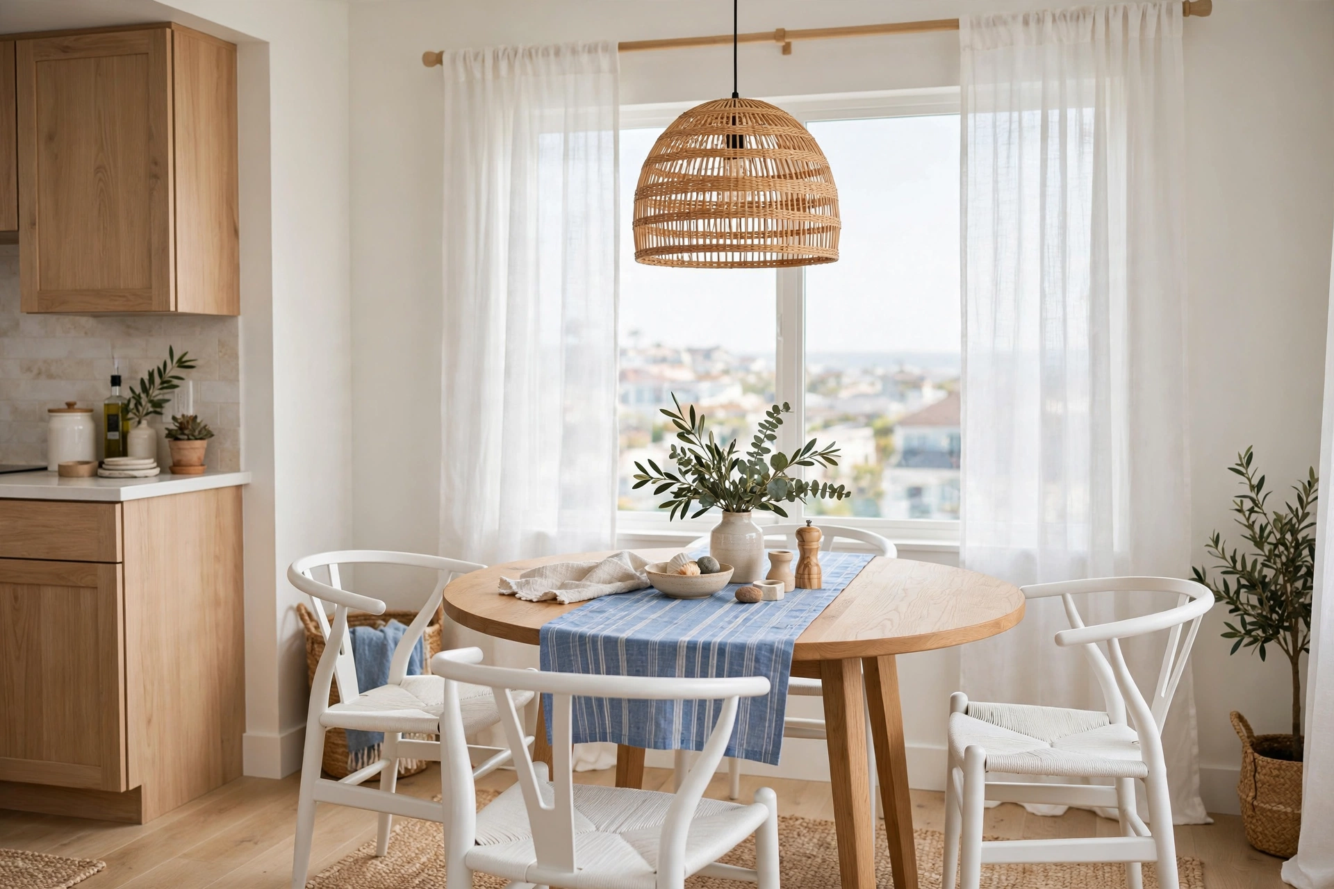 Small bright dining nook with round light oak table, white wishbone chairs and rattan pendant