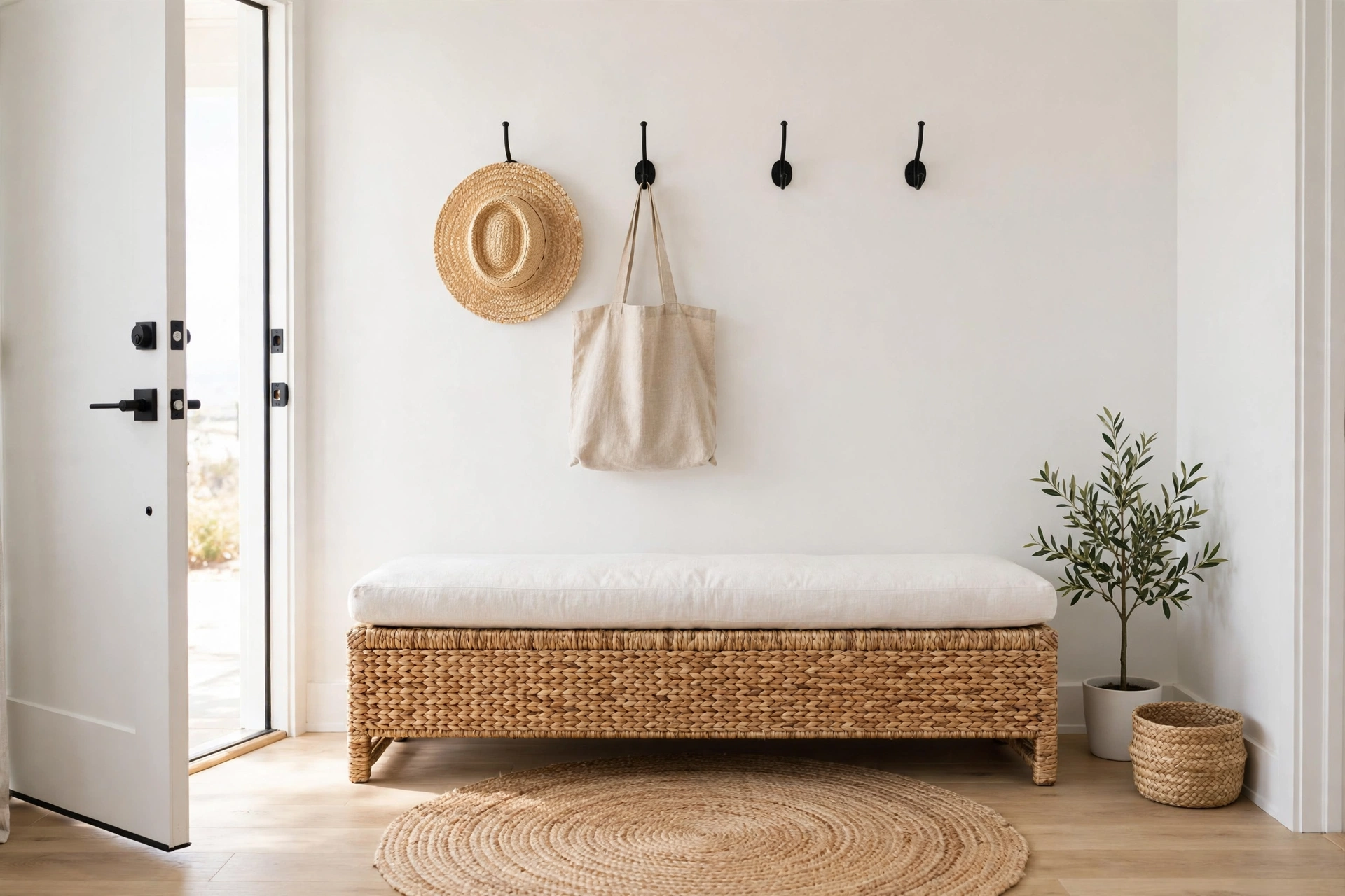 Studio entryway with long woven seagrass bench, wall hooks with straw hat and jute rug