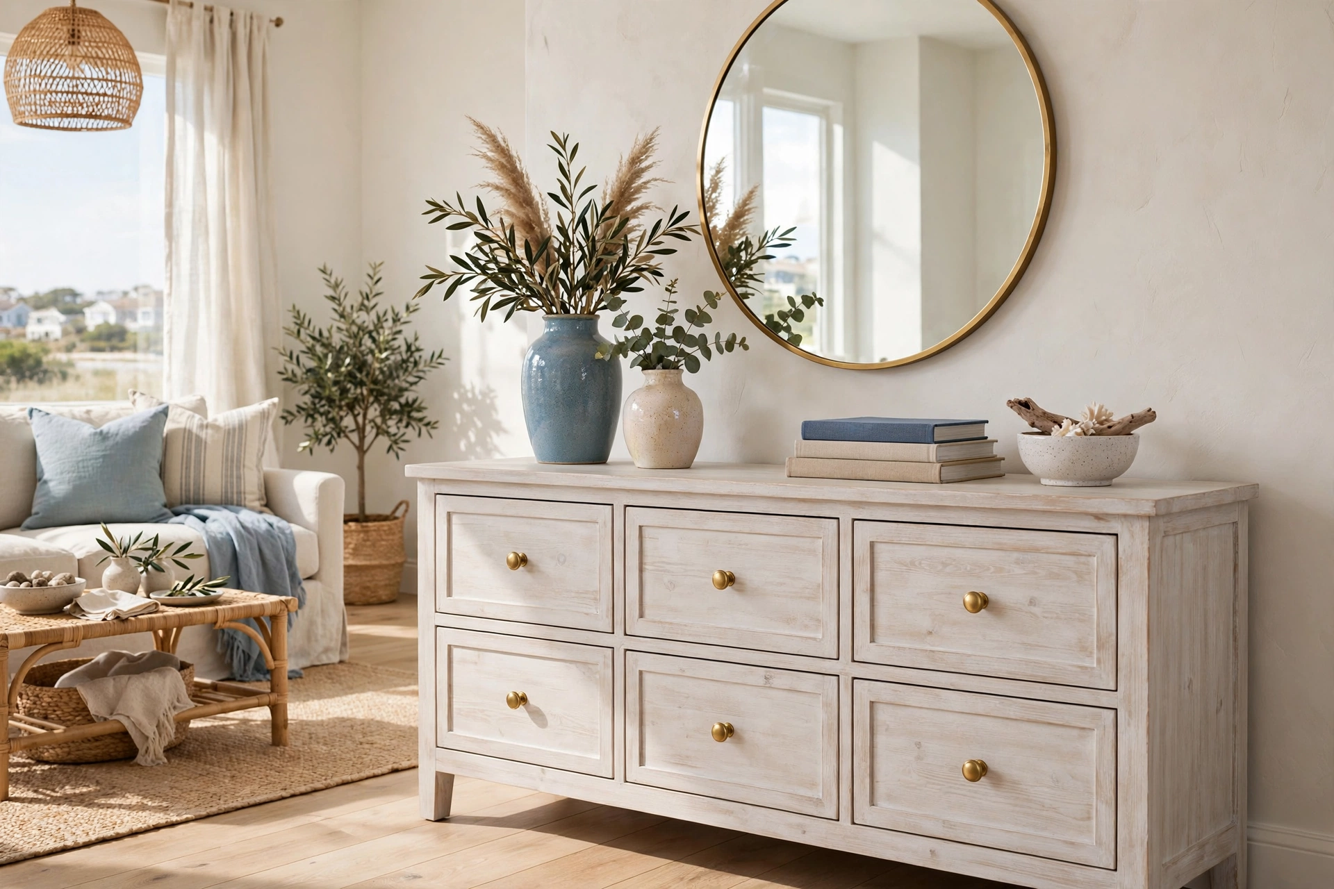 Studio living room with whitewashed wooden credenza styled with round mirror and ceramic vases