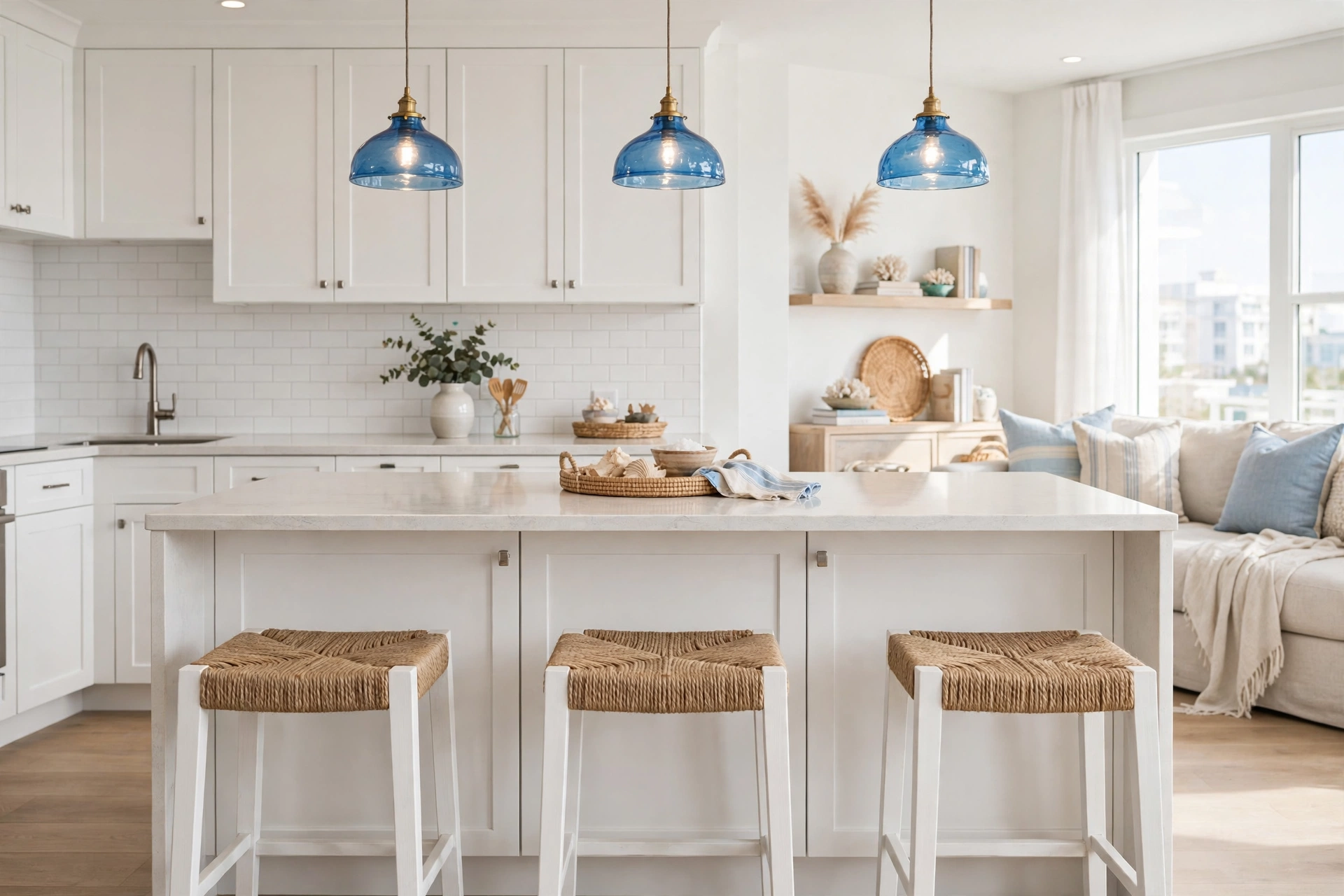 Bright studio kitchen island with rope-wrapped bar stools, white shaker cabinets and blue glass pendants