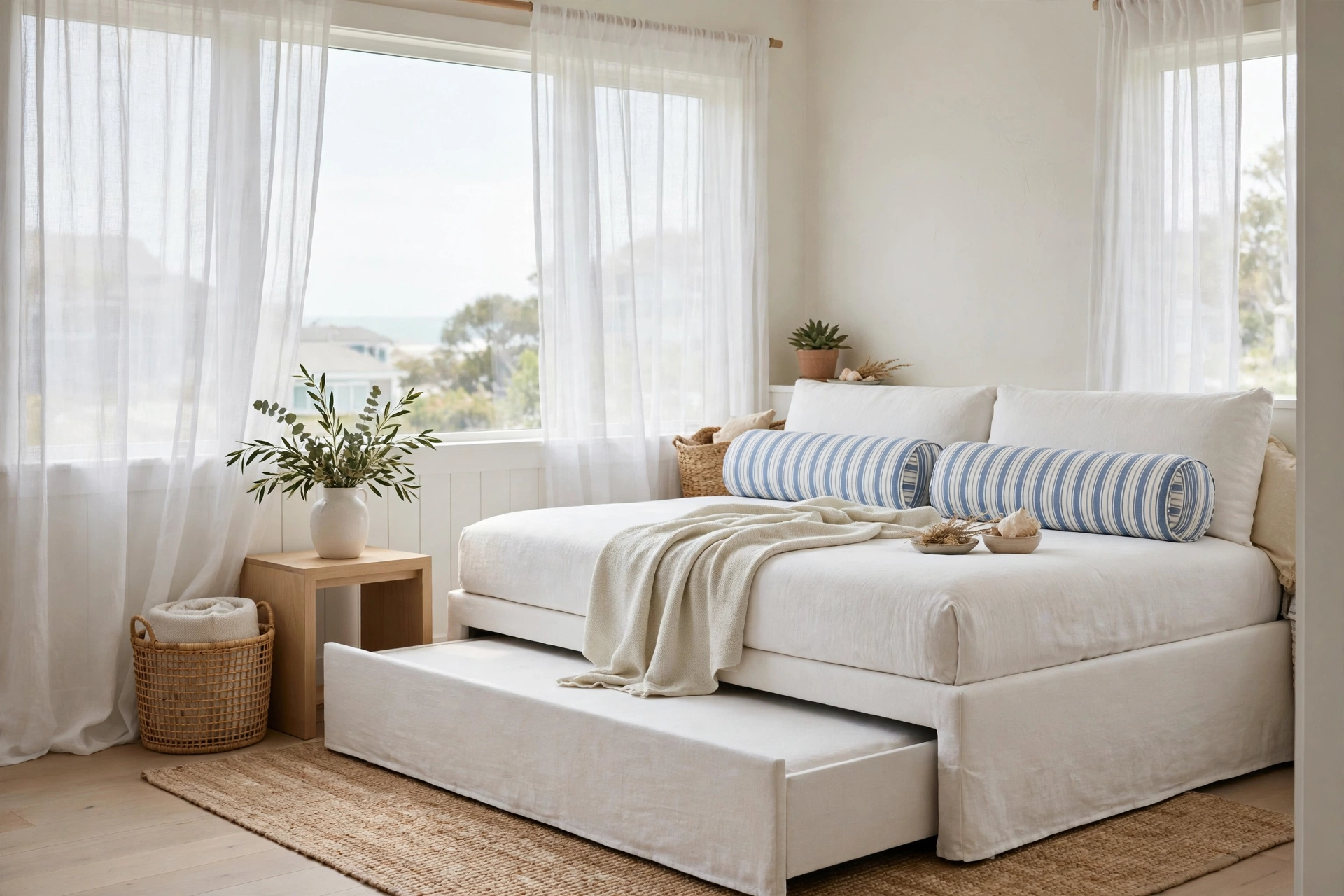 Serene studio sleeping nook with white linen daybed, striped bolster pillows and sheer curtains