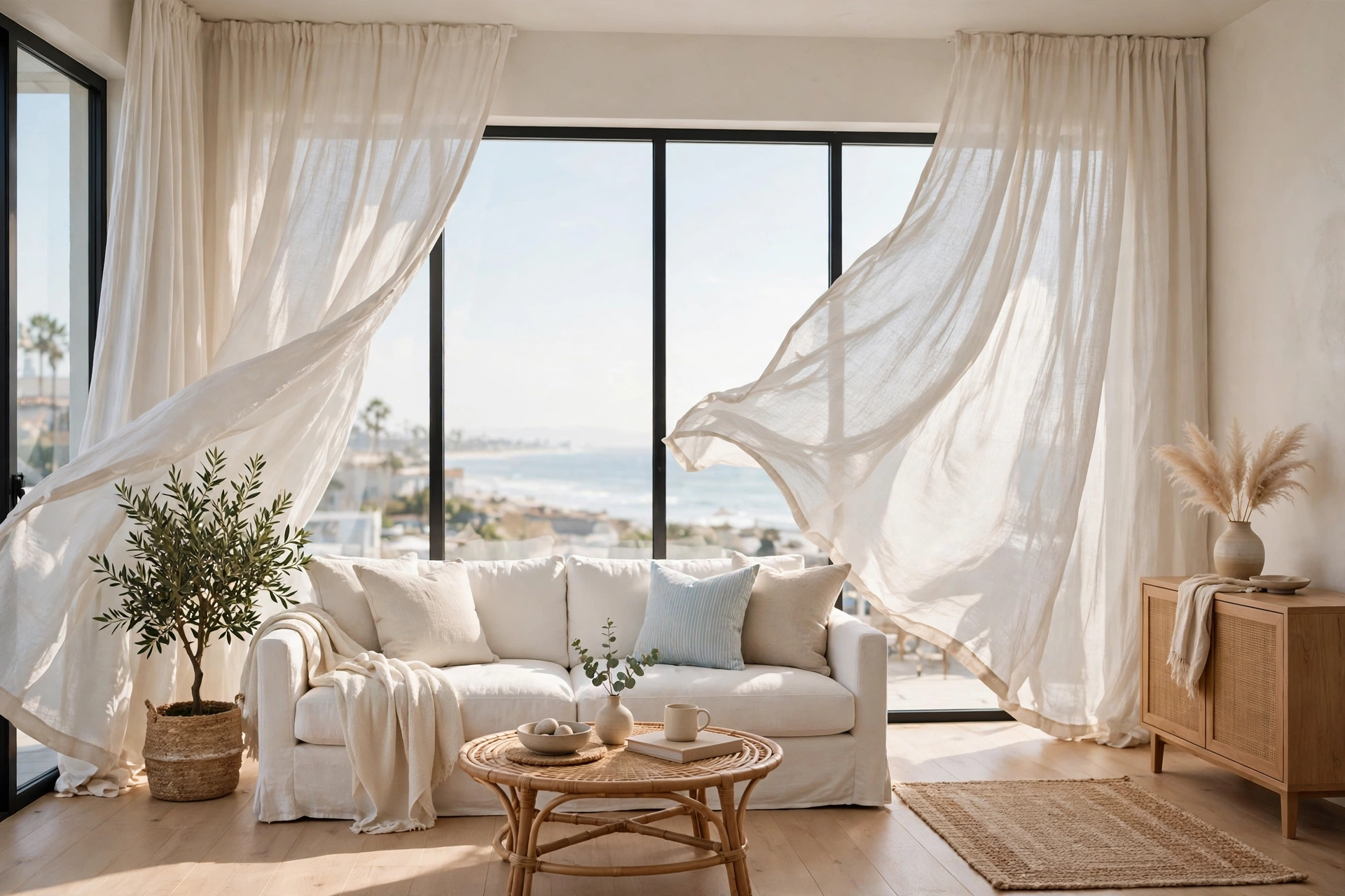 Bright studio living room with floor-to-ceiling natural linen curtains billowing in sunlight