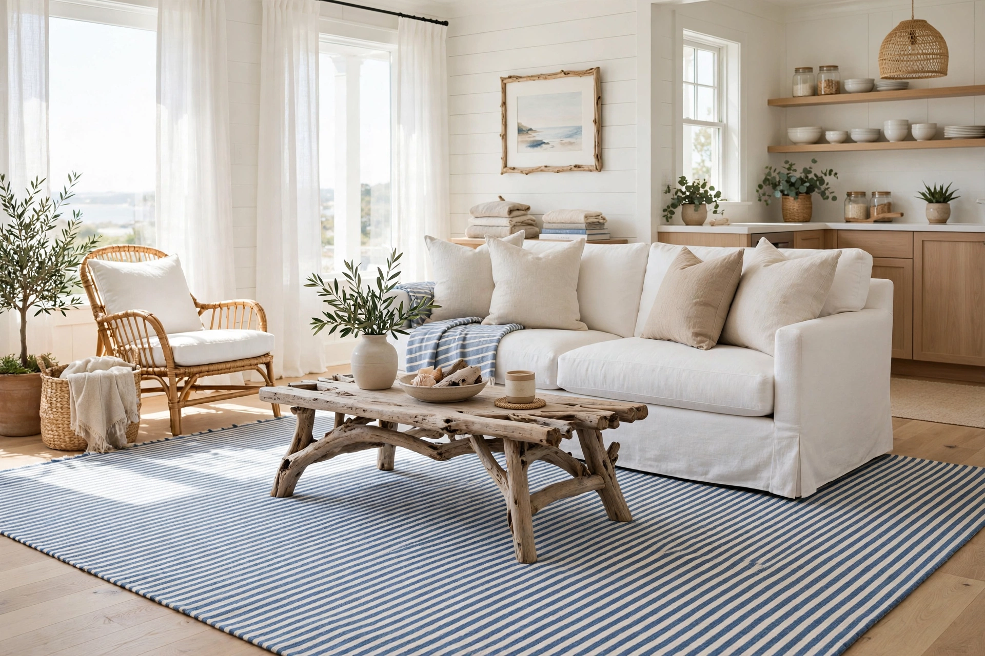 Coastal studio living room with blue and white ticking-stripe rug under white sofa