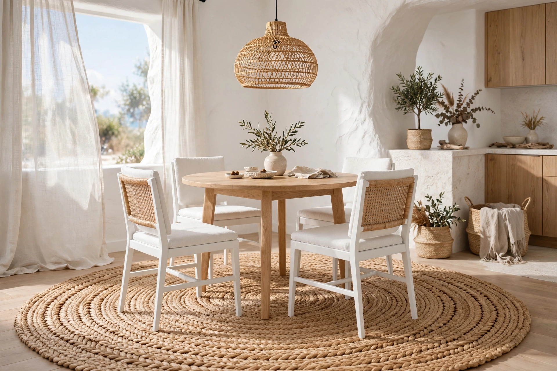 Studio dining area with large round natural jute rug under light oak table