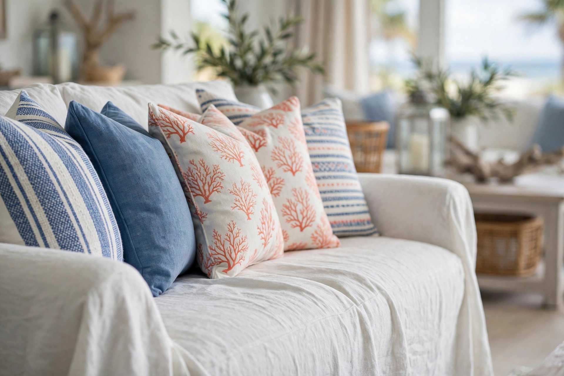 White slipcovered sofa styled with blue and white throw pillows in stripes and coral patterns