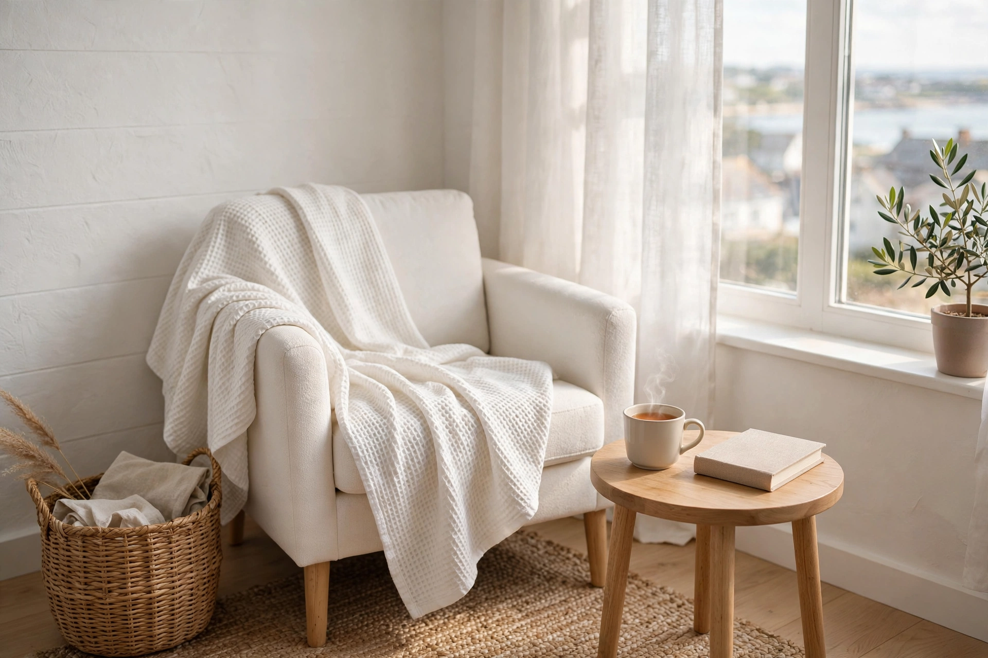 Cozy white armchair with waffle-weave throw blanket, side table with tea in bright studio corner