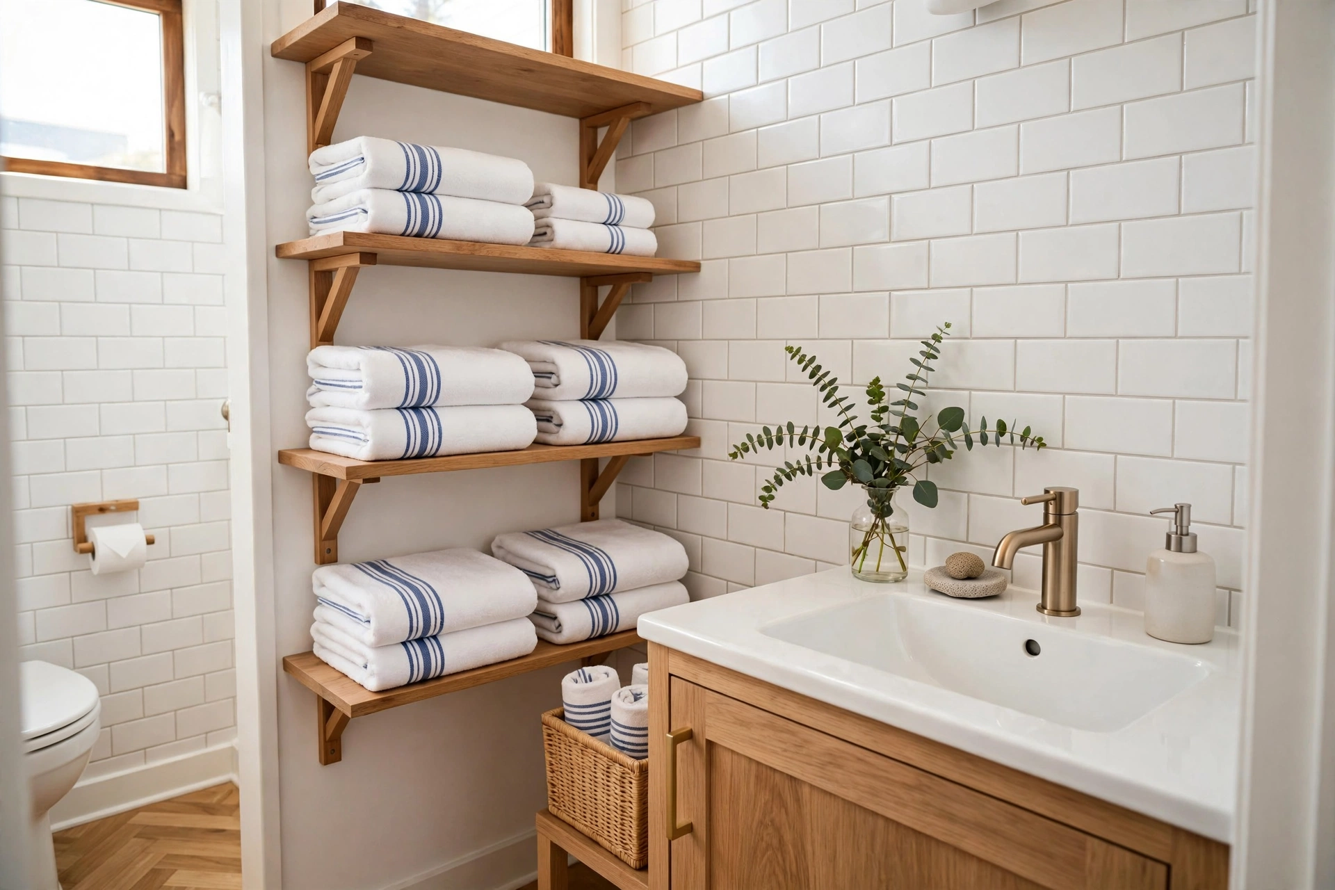 Bright small bathroom with folded white Turkish cotton towels with blue stripes on wooden shelves