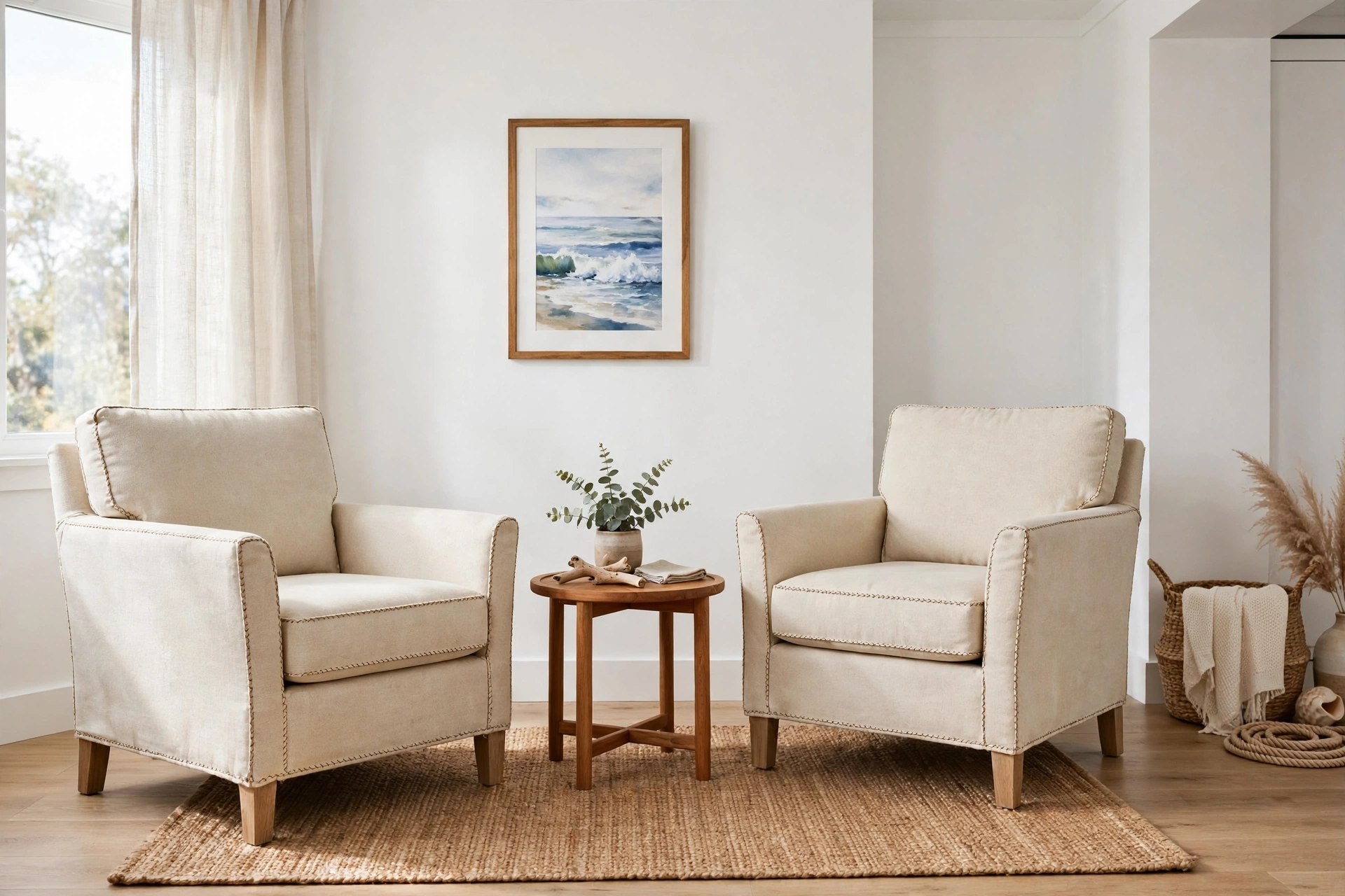 Studio living room with armchairs upholstered in natural canvas sailcloth fabric, teak side table