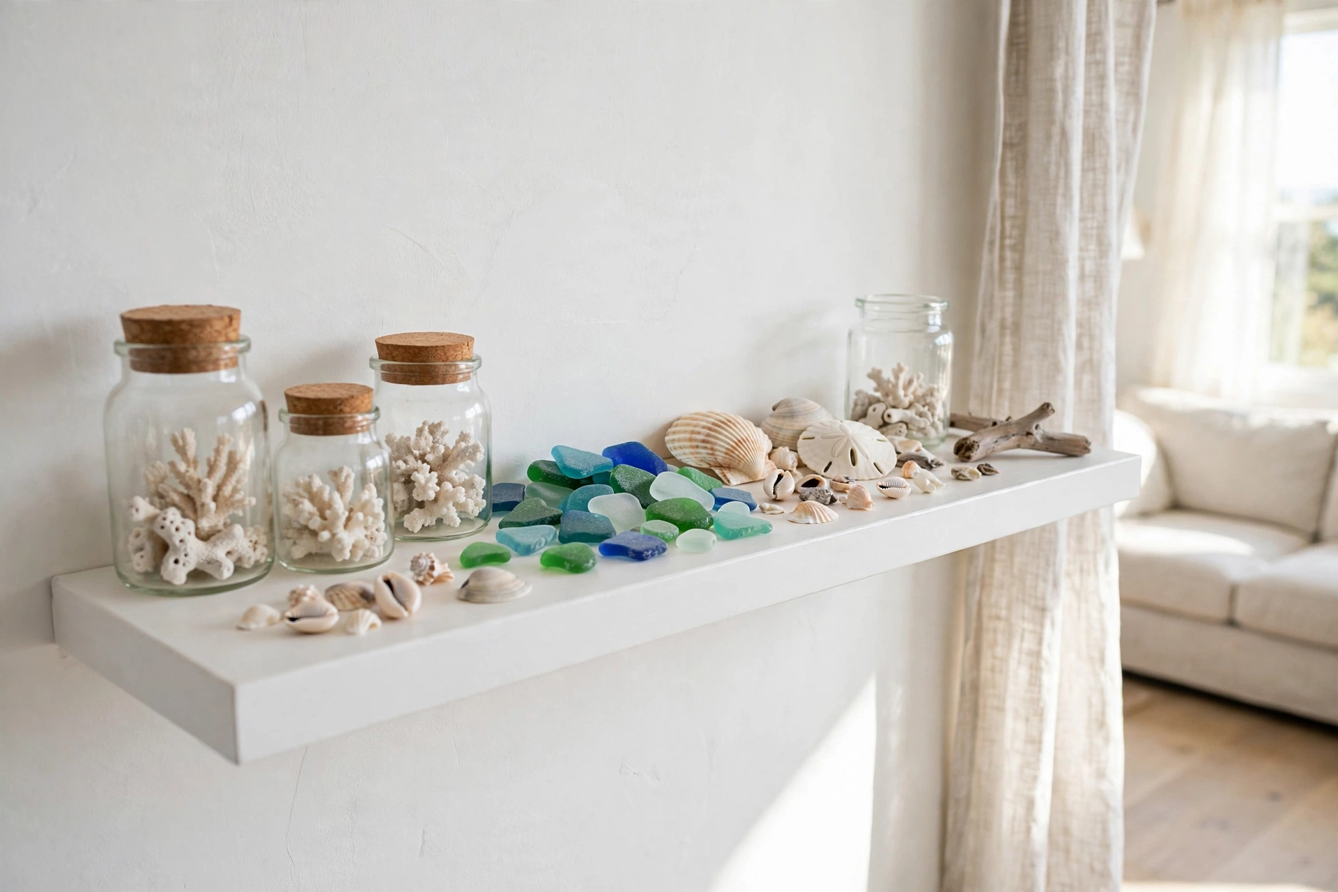 White floating shelf with curated seashells, blue sea glass and white coral in glass jars