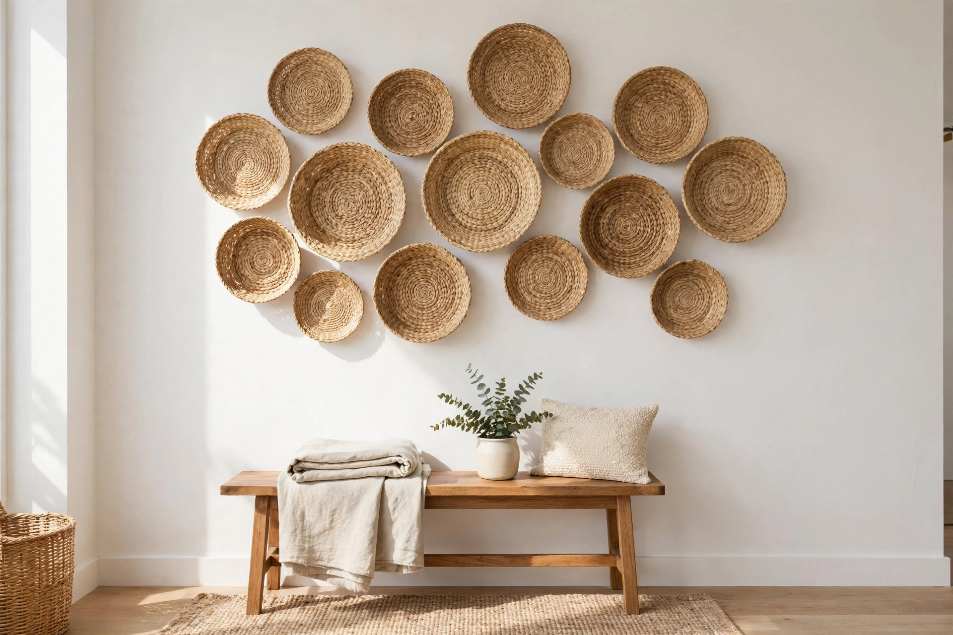 White wall with gallery of round woven seagrass baskets in various sizes, wooden bench below