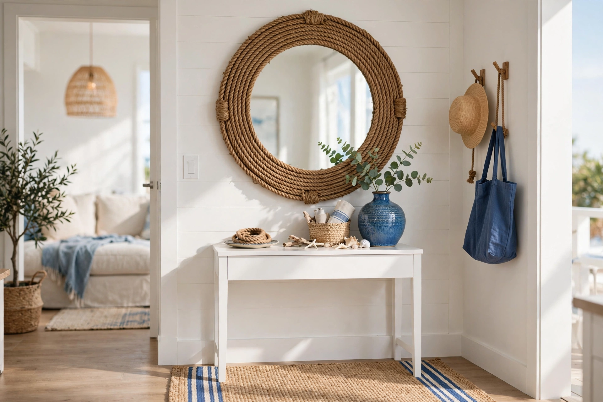 Studio entryway with large round mirror framed in thick jute rope above white console table