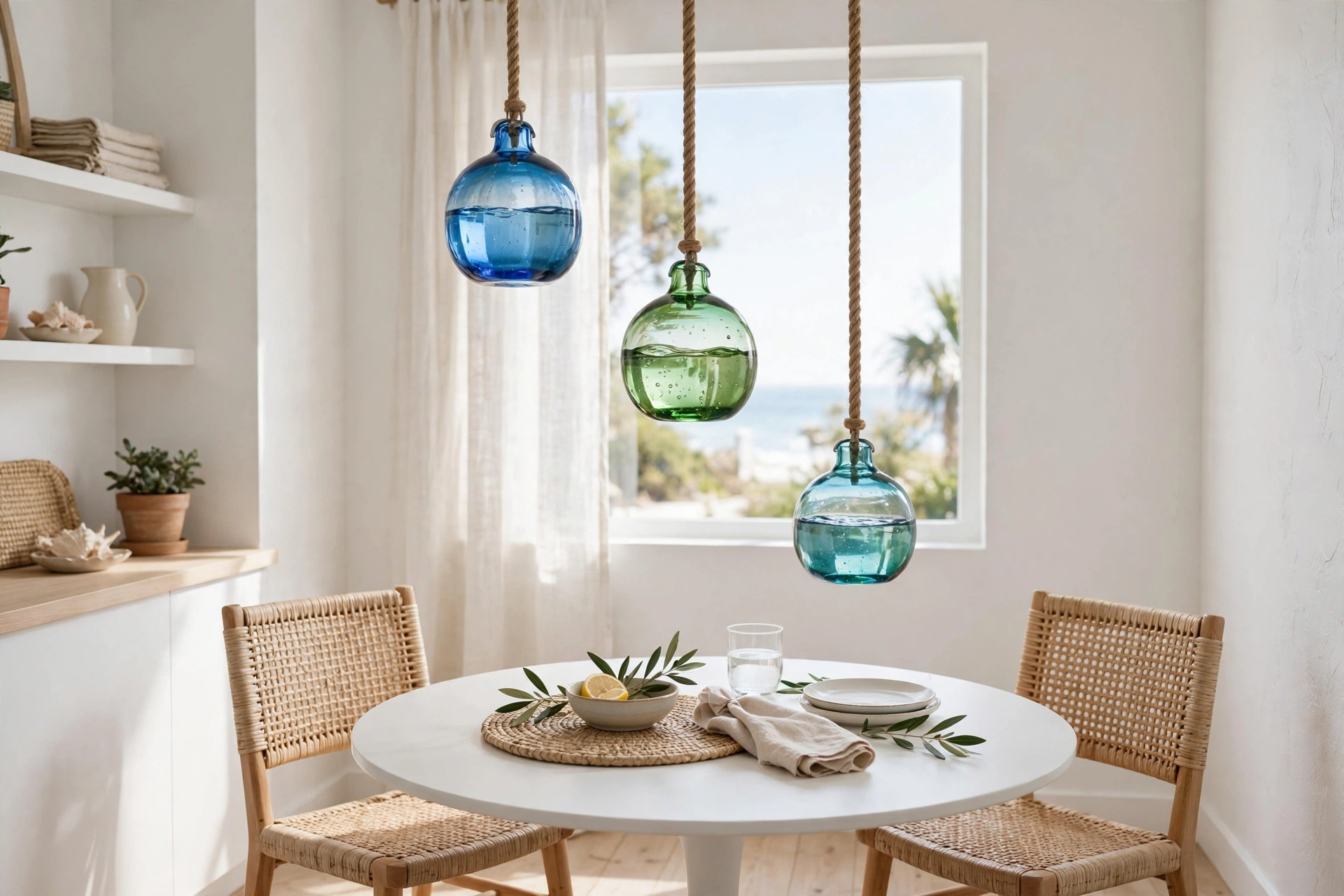 Studio dining nook with three blue and green glass buoy pendant lights over round white table