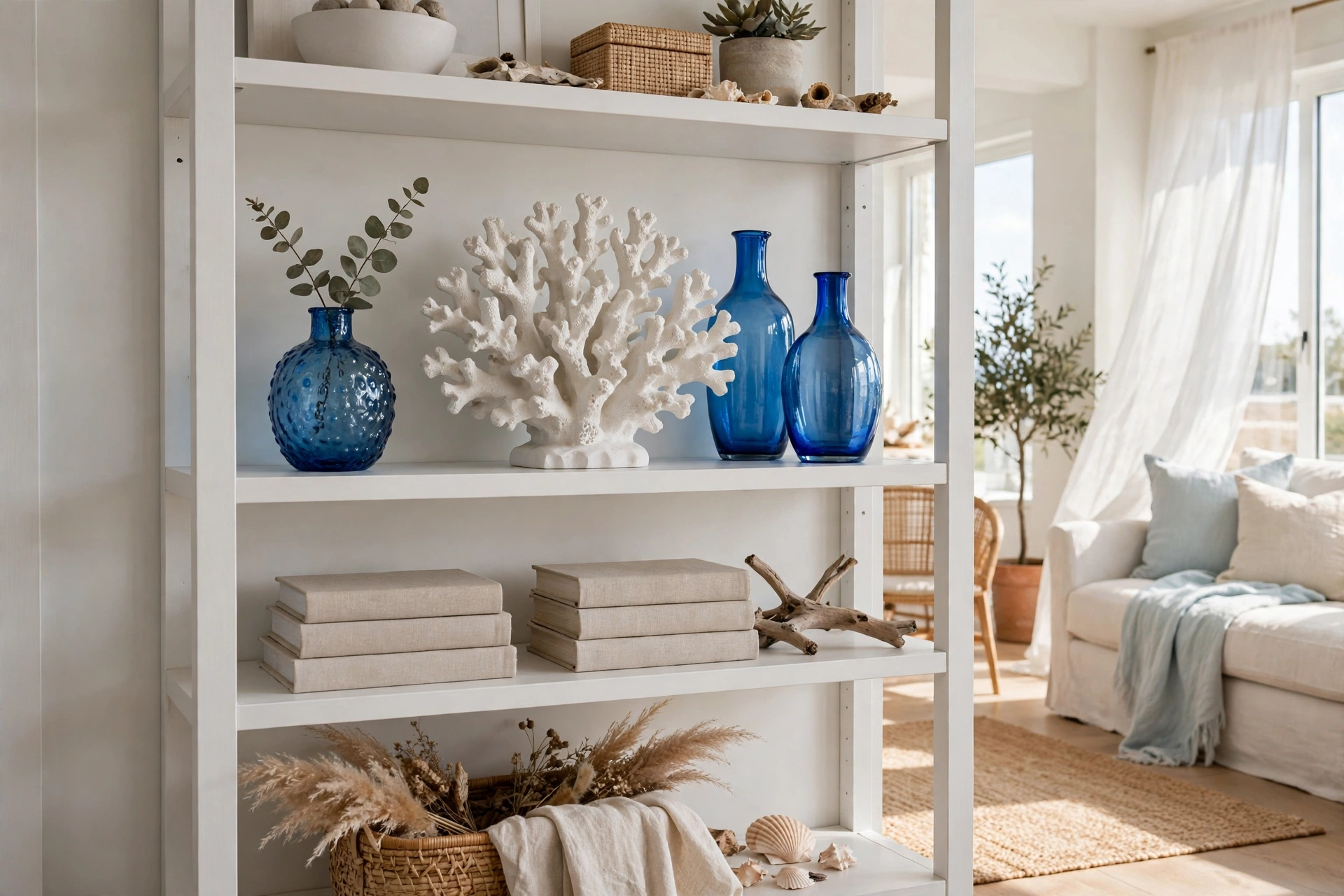 White bookshelf styled with white coral sculpture, blue glass vases and linen-covered books